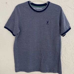 Psycho Bunny Logo Preppy Knit T-Shirt Mens 5 Blue White Pima Cotton Ringer Tee